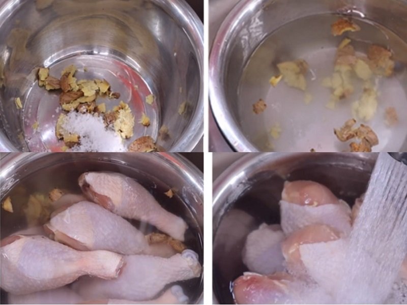 Ngâm đùi gà trong nước với vài lát gừng đập dập
