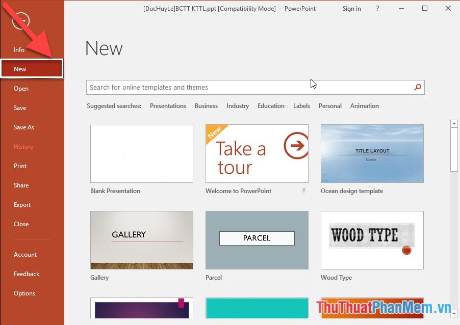 Khởi động PowerPoint  - vào thẻ File - New