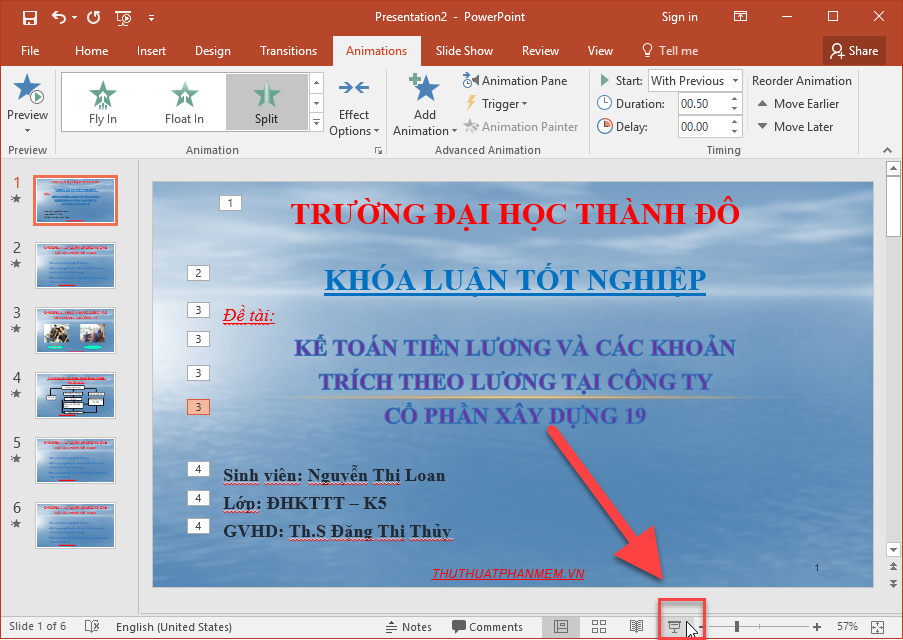 Kích chọn biểu tượng Slide Show để trình chiếu thử Slide