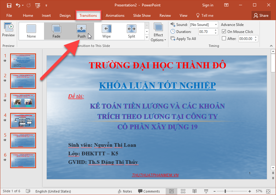 Kích chọn Transitions để tạo hiệu ứng chuyển trang cho Slide