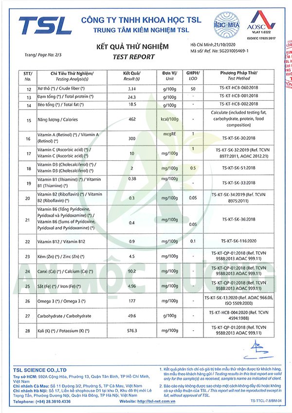 bảng kiểm nghiệm thành phần dinh dưỡng trong ngũ cốc An Mộc Hương