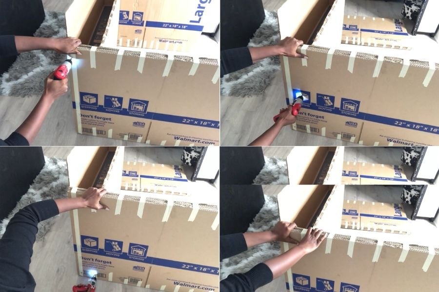 Sử dụng máy bắt vít để cố định khung ghế sofa làm bằng giấy