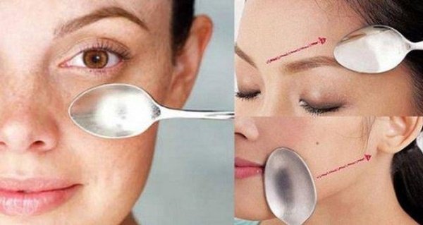 Người phụ nữ đang thực hiện các bước làm thon mặt bằng thìa