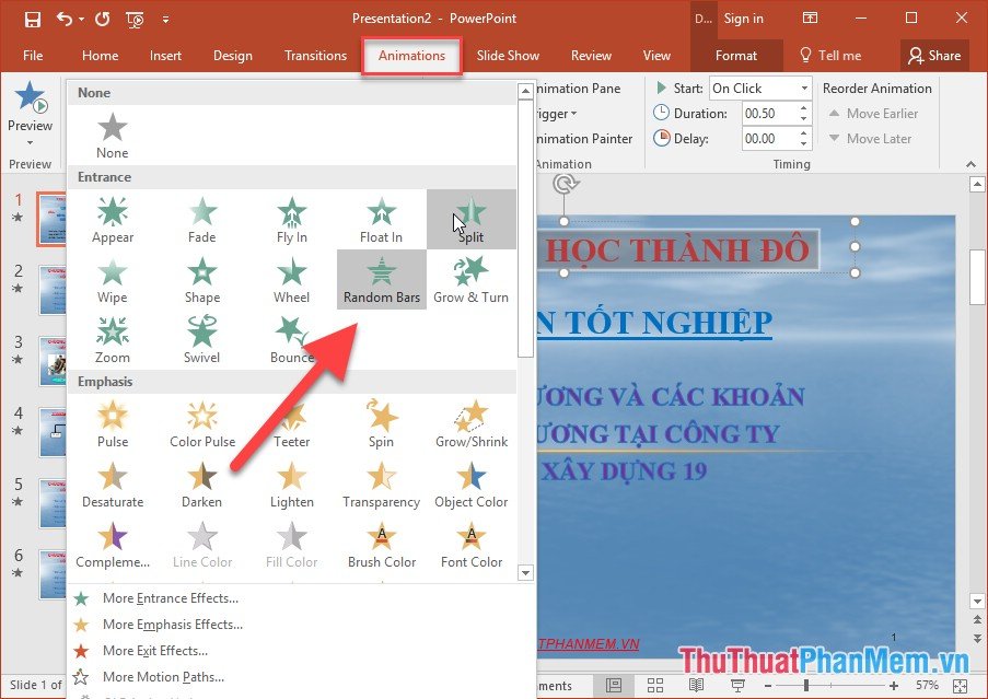 Lựa chọn hiệu ứng cho từng đối tượng trên slide