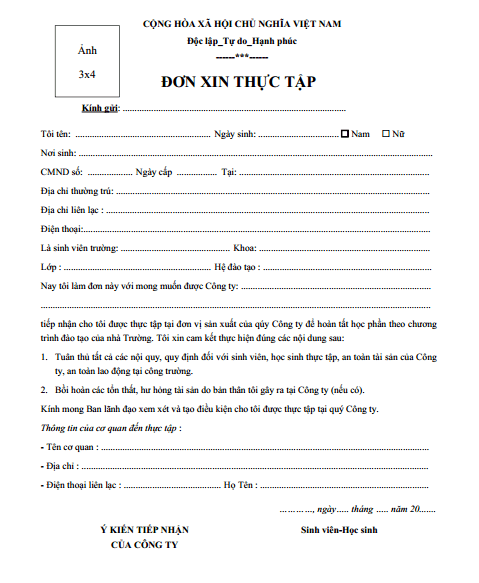 mau don xin thuc tap cho doanh nghiep