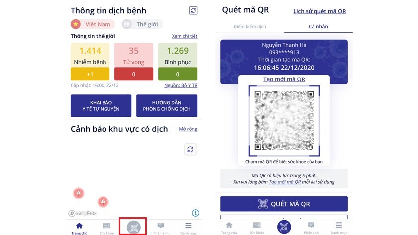 Cách lấy mã QR trong app NCOVI