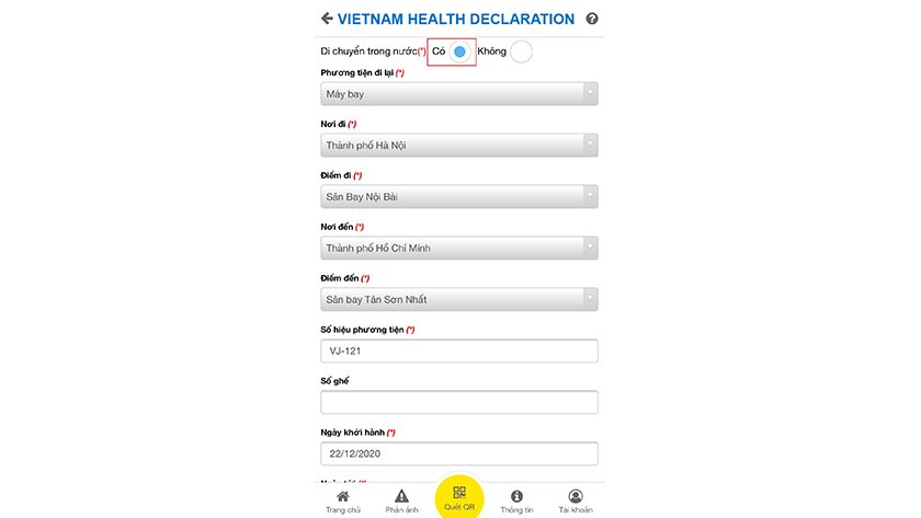 Cách khai Di chuyển nội địa bằng máy bay qua app Vietnam Health Declaration