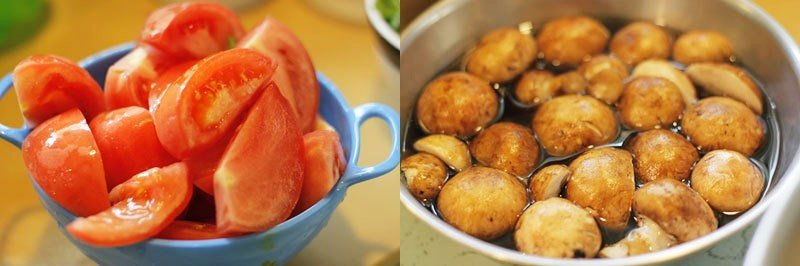Cà chua rửa sạch, cắt múi cau. Nấm đông cô, nấm đùi gà cắt bỏ chân, rửa sạch, để ráo, cắt thành miếng vừa ăn.