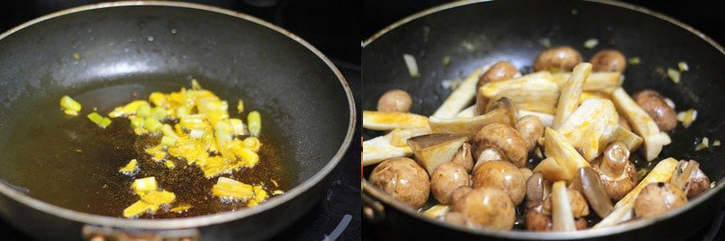 Bắc chảo lên bếp, đun nóng một ít màu dầu đều, phi đầu hành. Cho cà chua vào xào chín, thêm 1 thìa nhỏ muối, 1 thìa nhỏ đường xào khoảng 5-7 phút thì đổ ra tô để riêng. Tiếp đến, bạn dùng lại chảo đó, cho 2 loại nấm vào xào chín, xào khoảng 5 phút thì tắt bếp, đổ ra tô lớn để riêng.