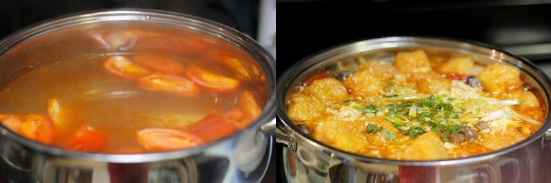 Sau khi táo và lê trong nồi nước hầm đã mềm, bạn vớt ra bỏ bã, lọc lại nước dùng cho trong. Cho cà chua, nấm, đậu phụ rán vào nồi đun khoảng 15 phút. Nêm vào nồi nước dùng một ít giấm bỗng hoặc bột me chua, múc từng thìa hỗn hợp đậu phụ thanh cua vào nồi, đun ở lửa nhỏ để mảng riêu nổi lên bề mặt.