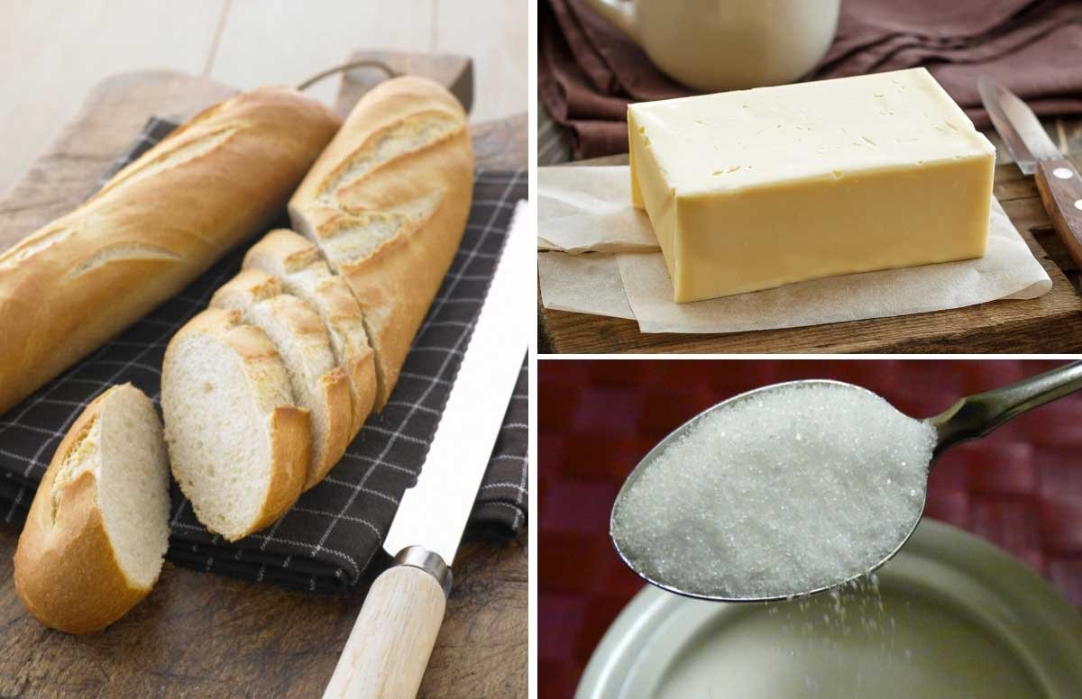 Bánh mì, bơ, đường là nguyên liệu chính để làm món bánh mì bơ đường thơm ngon