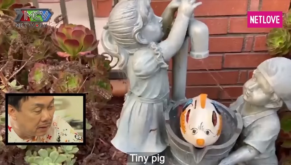 Sân trước nhà được trang trí với những hình nộm heo đất. (Ảnh: Chụp màn hình) Nhà ở Mỹ mà cố NS Chí Tài luôn muốn quay về gây chú ý: Đâu cũng có heo-3