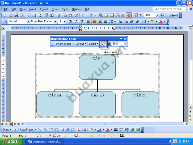 Chọn Autoformat trên thanh công cụ Organization Chart Chọn Autoformat trên thanh công cụ Organization Chart