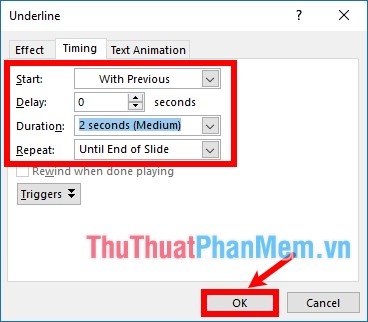 Tại thẻ Timing chọn trong phần Start là With Previous Tại thẻ Timing chọn trong phần Start là With Previous