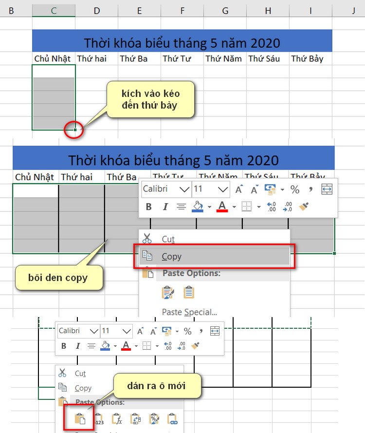 tạo 30 ô thời khóa biểu