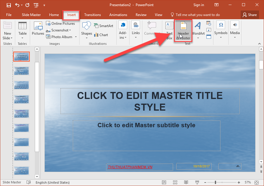 Tạo header, footer, đánh số trang cho Slide 