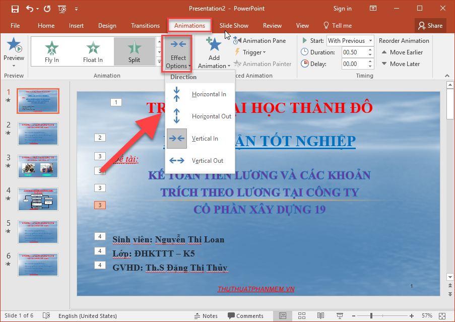 Thay đổi vị trí hiệu ứng kích chọn Effects Options