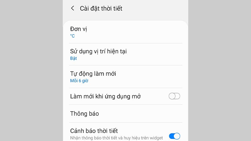 Tùy chỉnh đơn vị thời tiết, thiết lập thời gian tự động làm mới, vị trí,...