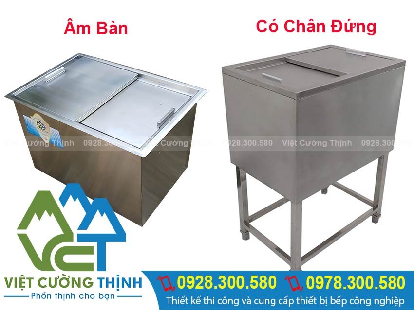 thùng đá chứa đá âm bàn - thùng đựng đá inox có chân đứng