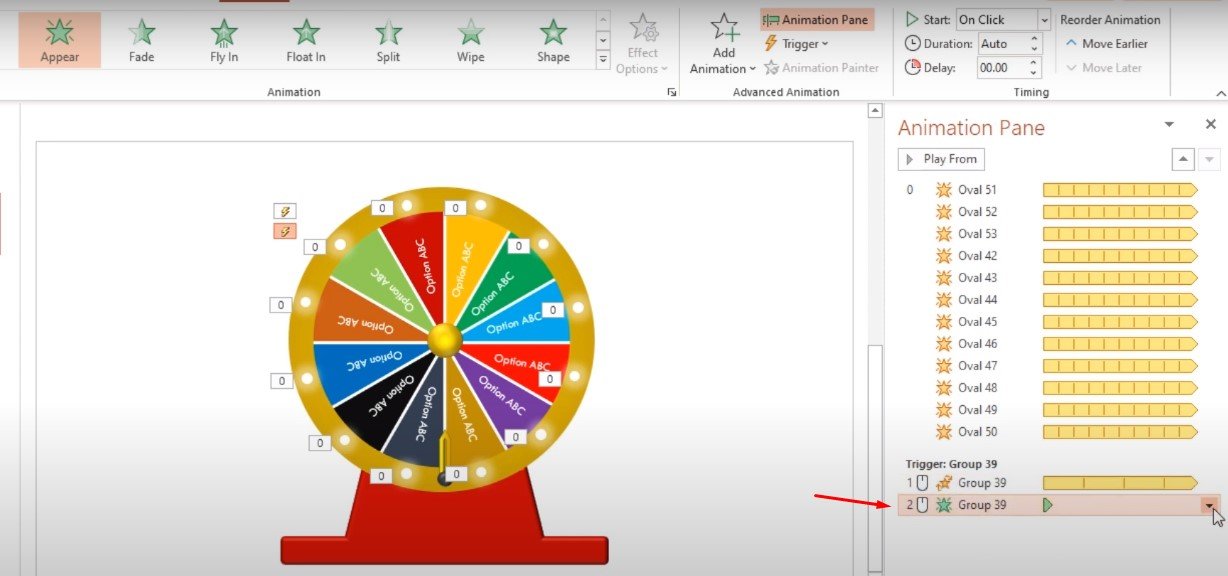 Tiếp tục Click vào Start effect on click of và chọn Group 39 và nhấn OK