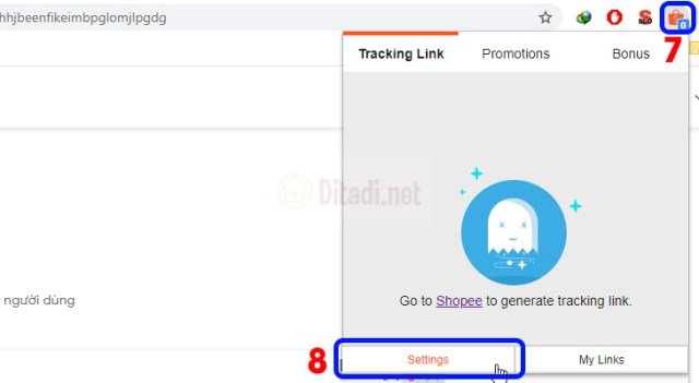 vào phần cài đặt shopee short link