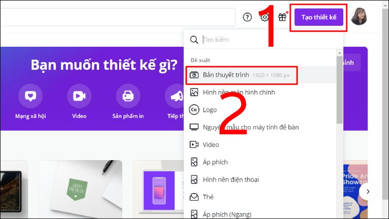 Vào mục tạo thiết kế mới để chọn bản thuyết trình