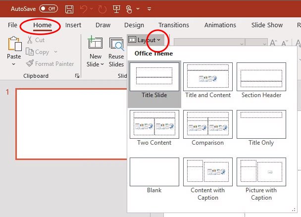 Nút New Slide trên ribbon Home với các lựa chọn drop-down