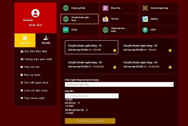 Quy trình để nạp tiền 33Win bằng chuyển khoản
