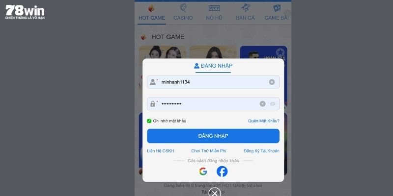 Hướng dẫn đăng nhập 78win